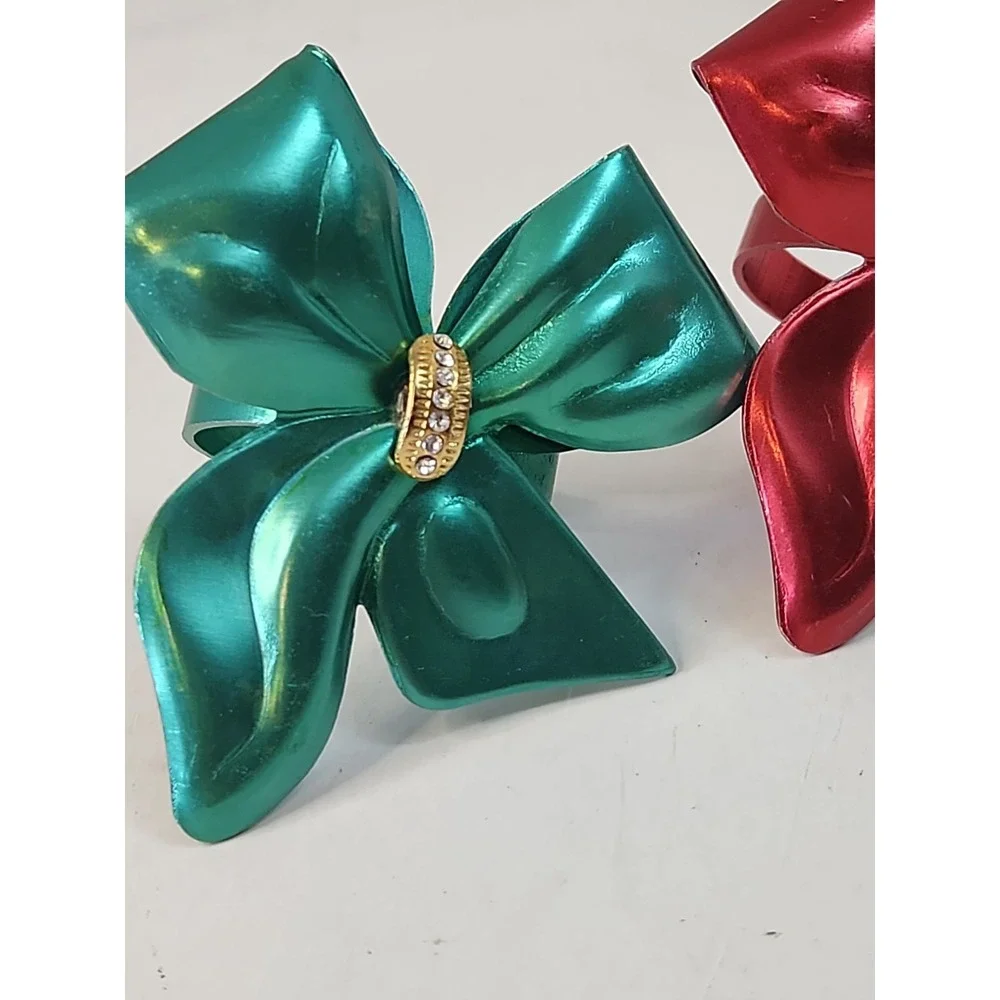 Vintage Metallic Metal Bow Napkin Rings Red Teal Mid Century Retro Set of 4